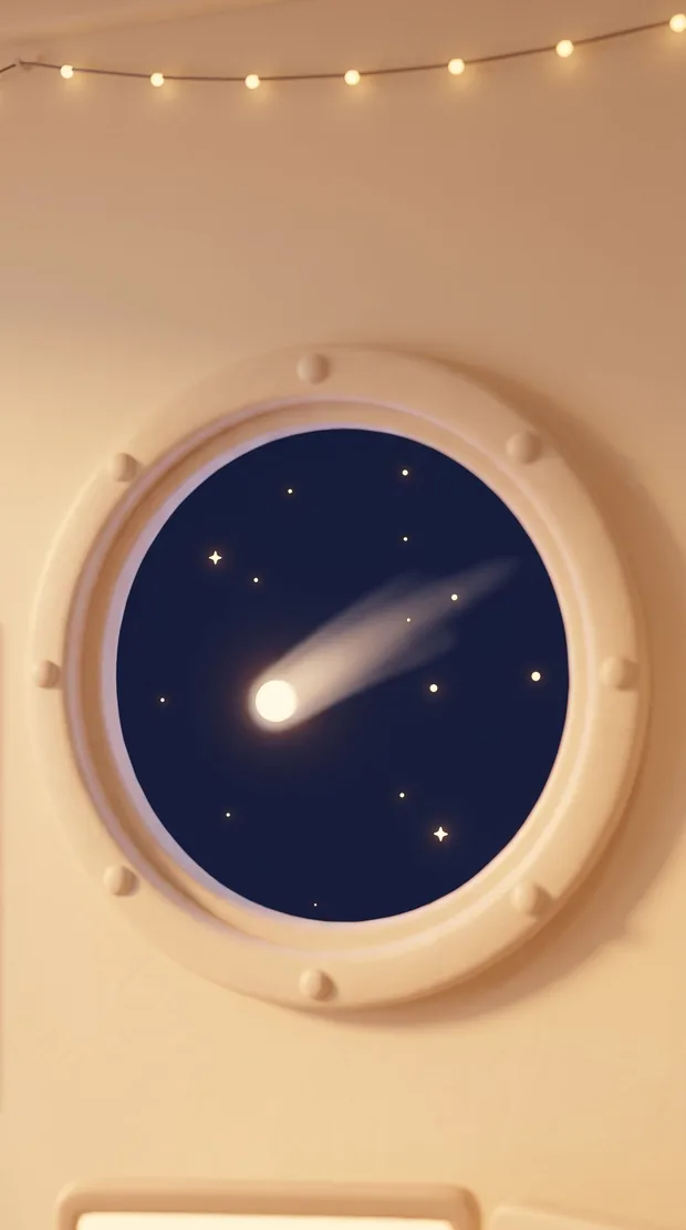 Le hublot de la chambre d'Ito, la nuit, et une comète qui passe.
